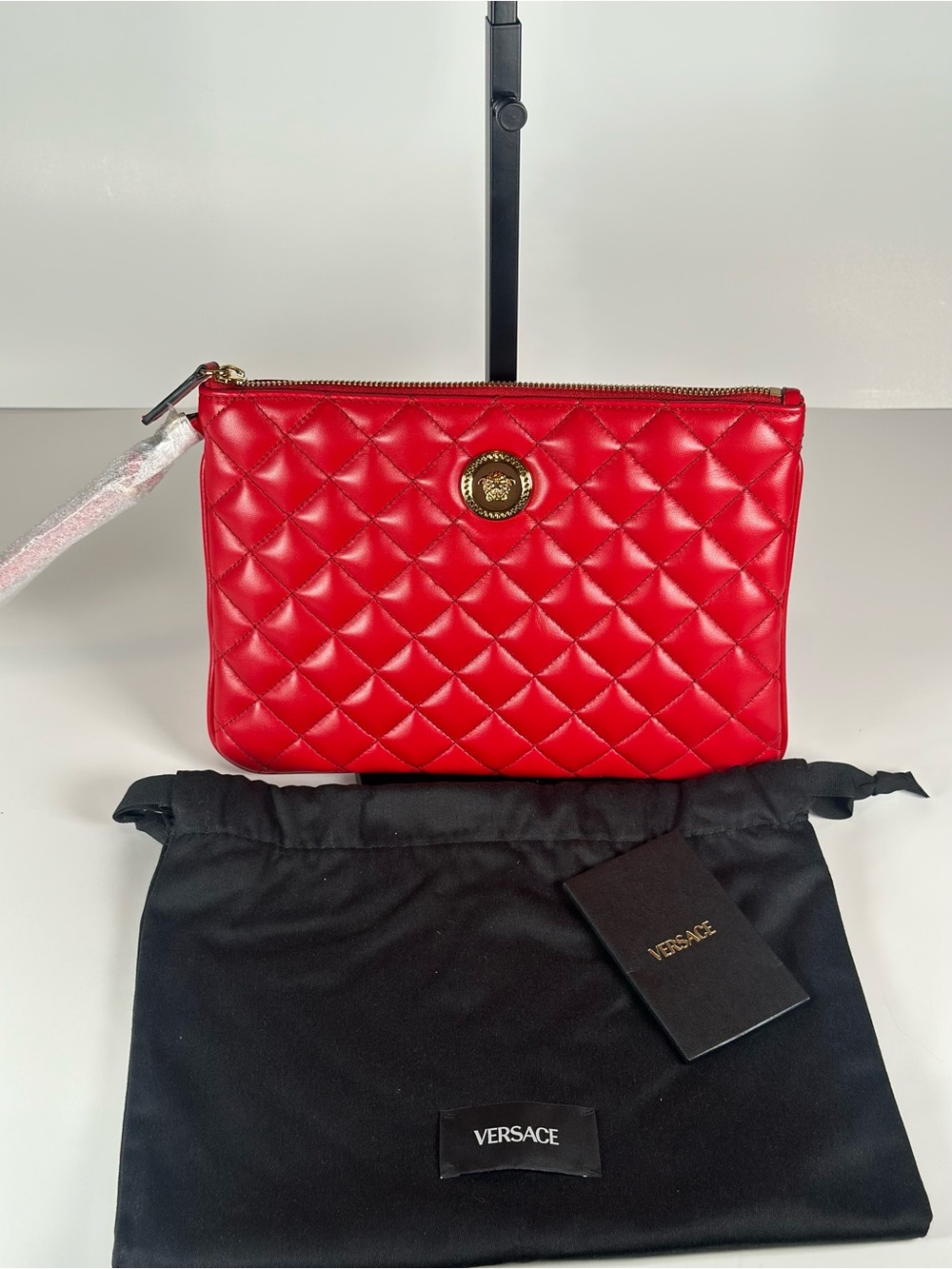 NWT Versace Red Quilted Leather Wristlet with Gold Medallion